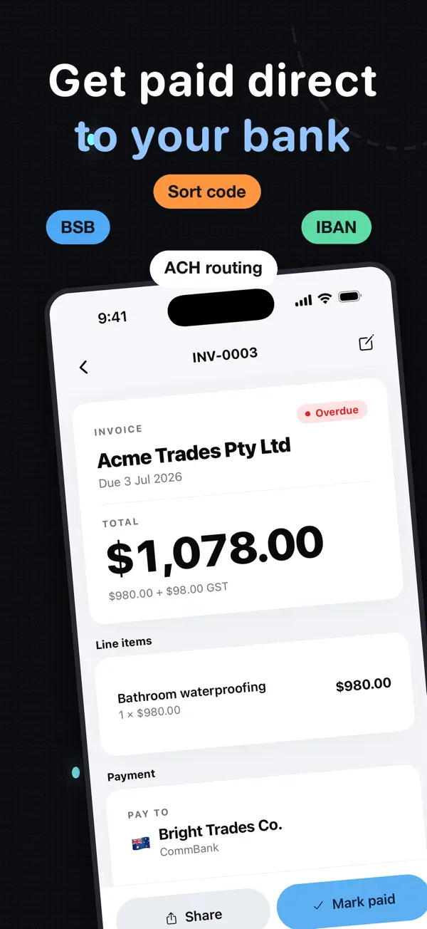 InvoiceSonic iPhone app showing an invoice with bank payment details and a mark-paid action