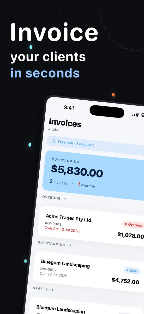 InvoiceSonic iPhone app showing the invoices list with outstanding and overdue totals